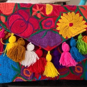 Handmade Colorful Embroidered Clutch Bag with Tassels